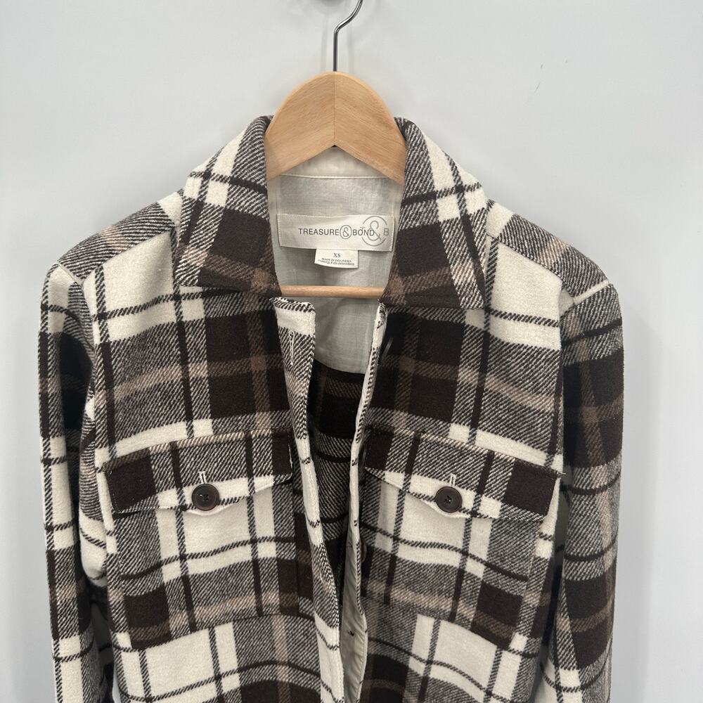 TREASURE & BOND Nordstrom Brown & White Wool Blend Plaid Shacket // XS - Picture 6 of 12